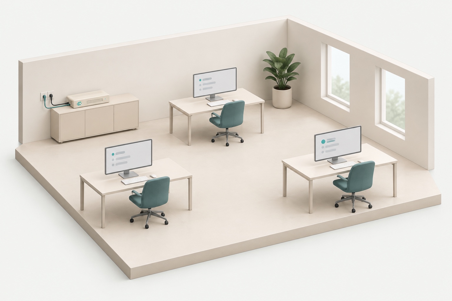 An office with three workstations and a small coderig on a sideboard. Each workstation uses agents running on this local device.